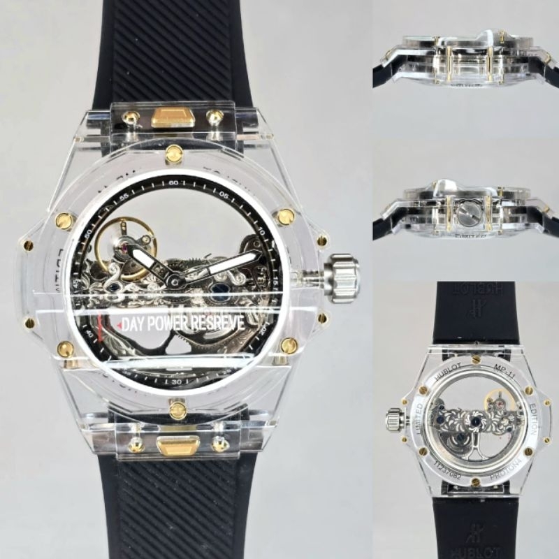 JAM TANGAN PRIA HUBLOT TRANSPARANT BRIGDE BLACK AUTOMATIC JAPAN SUPER QUALITY DIAMETER 44MM
