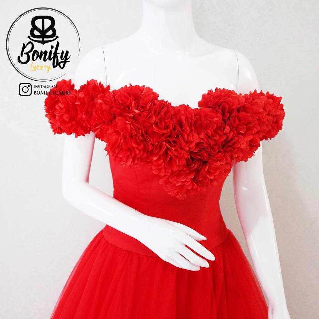 Gaun Floral Merah Pesta Wedding Pengantin Sangjit Gown Dress Panjang Pendek Maxi Midi Short