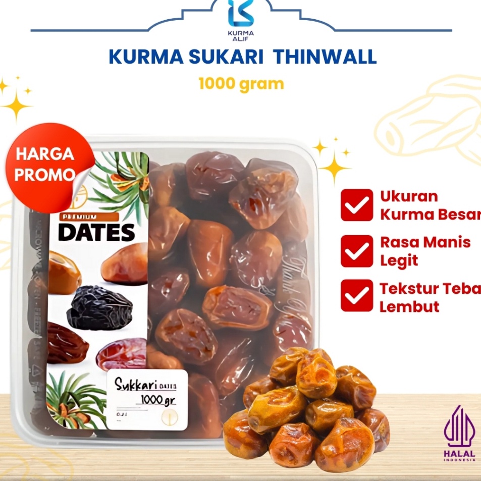 

Kurma Sukari Thinwall 1 Kg Kurma Raja Basah Premium Quality