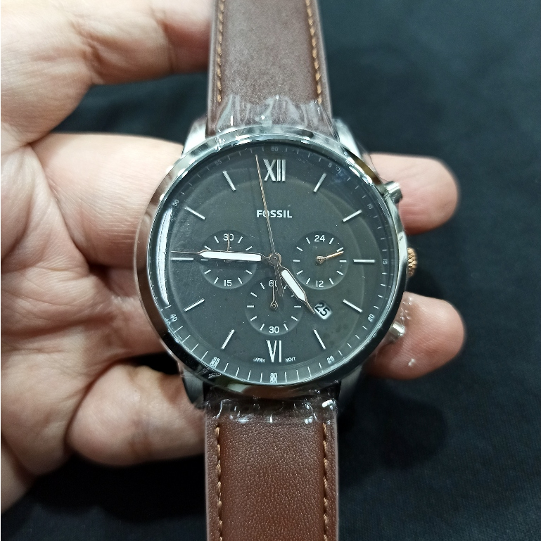 Jam Tangan Pria FL Ne*tra FS5408 Chronograph Black Dial Silver Dark Brown Leather