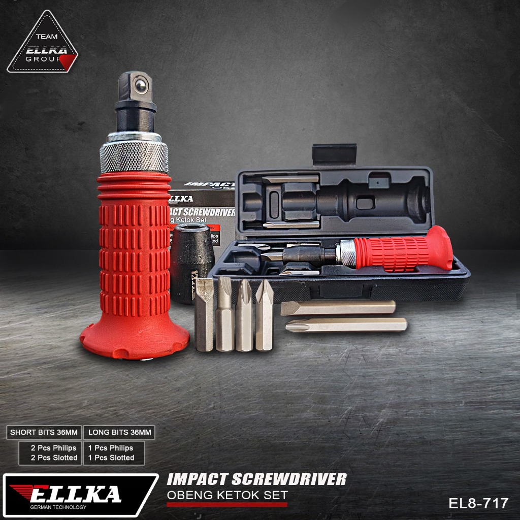ELLKA Obeng Ketok Putar Set Mata 7 pcs Gagang Karet Impact Driver Set Kualitas Terbaik