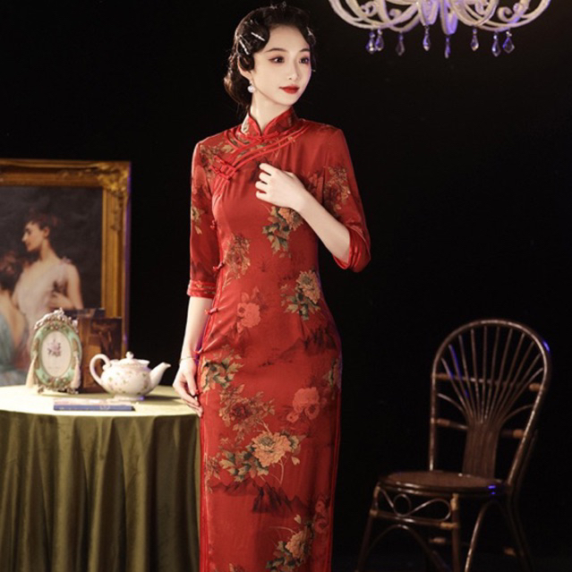 [READY STOCK] GUI LI Cheongsam Long Dress Lengan Panjang Warna Merah - Baju Qipao Wanita  Bahan Poly