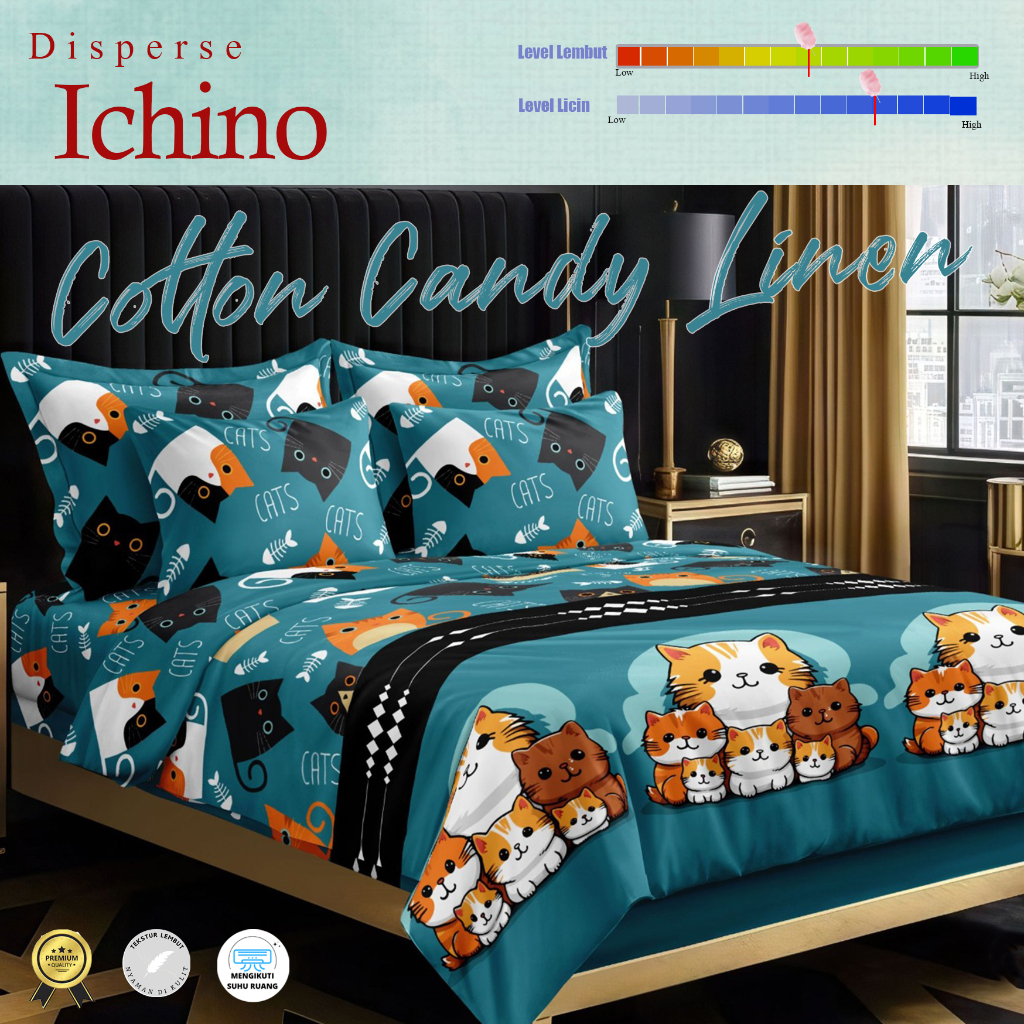 Sprei Set Motif Anak Ichino Kucing Katun Disperse / Bedcover Motif Karakter / Motif Kartun