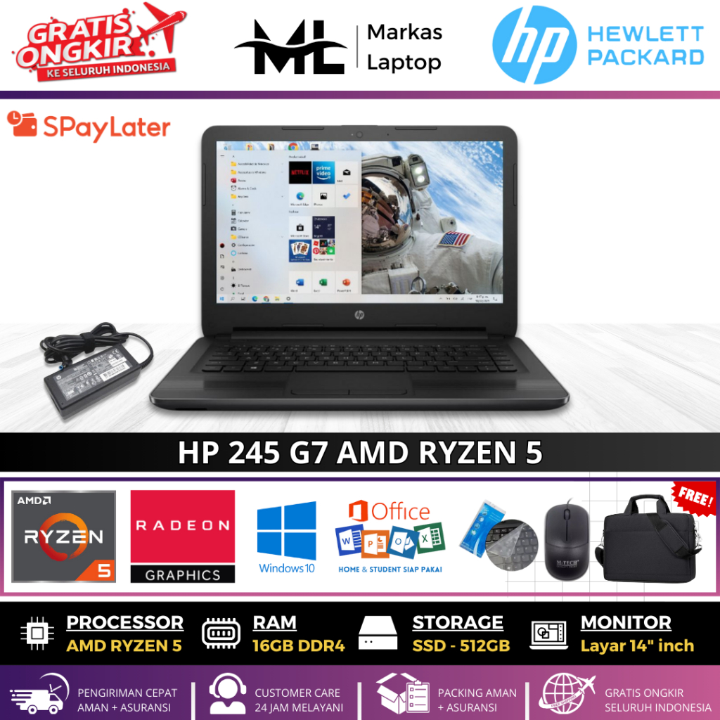 LAPTOP HP 245 G7 AMD RYZEN 5-3500U RAM 16GB SSD 512GB 14"HD WINDOWS 10