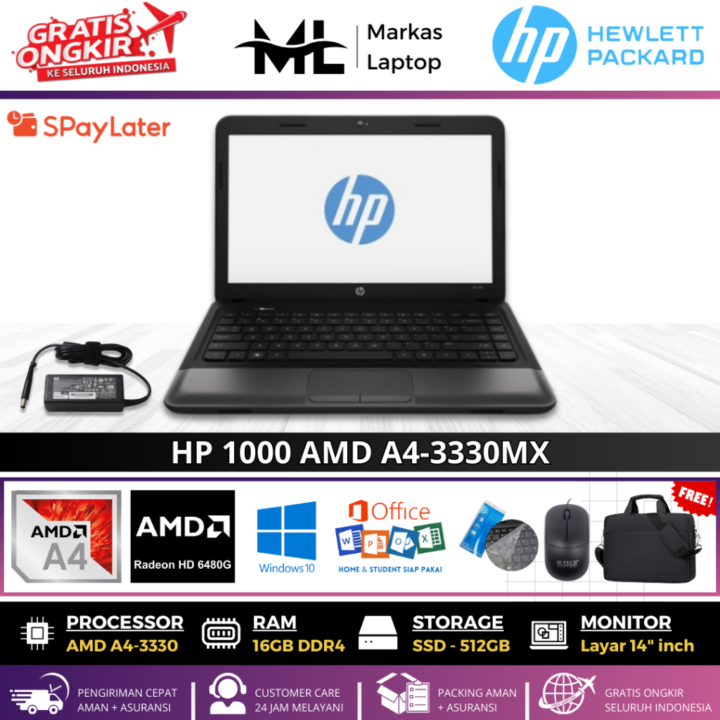 LAPTOP HP 1000 AMD A4-3330MX 8GB RAM 512GB SSD 14'INCH WINDOWS 10