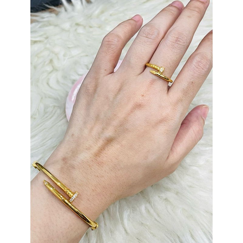 SET gelang plus cincin model paku AD uk 16-17 emas asli kadar 875