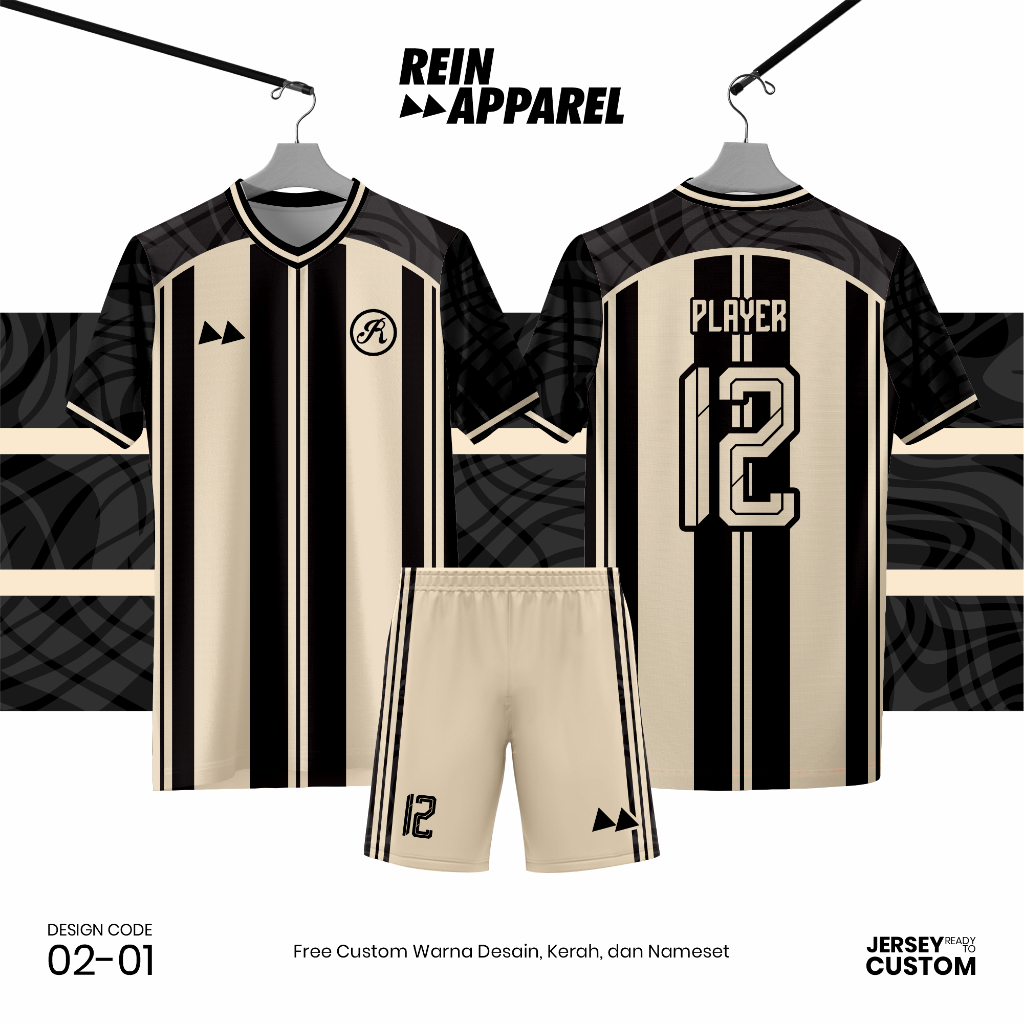Jersey Bola Futsal Full Printing Kostum Nama/Nomor/Logo - Cream Hitam 0201