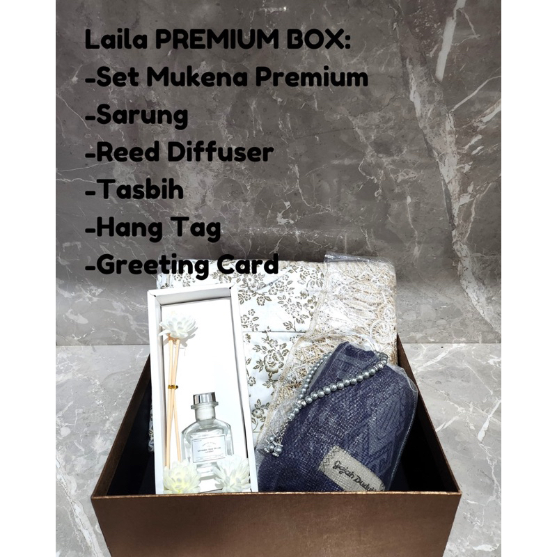 

HAMPERS LEBARAN: LAILA PREMIUM BOX / SET MUKENA SARUNG TASBIH DIFFUSER