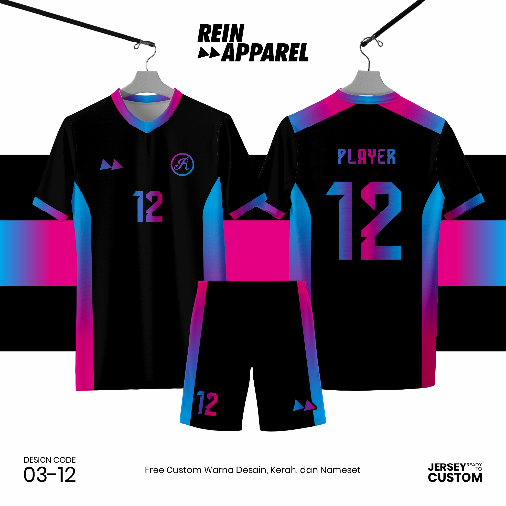 Jersey Bola Futsal Full Printing Kostum Nama/Nomor/Logo - 0312 HItam Ungu Biru