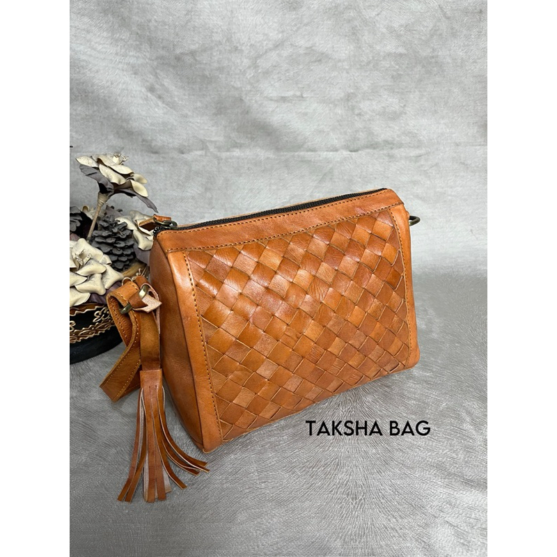 Tas Kulit Slempang Wanita - Tas anyam kulit - Tas Kulit Sapi - Tas Anyam Kotak