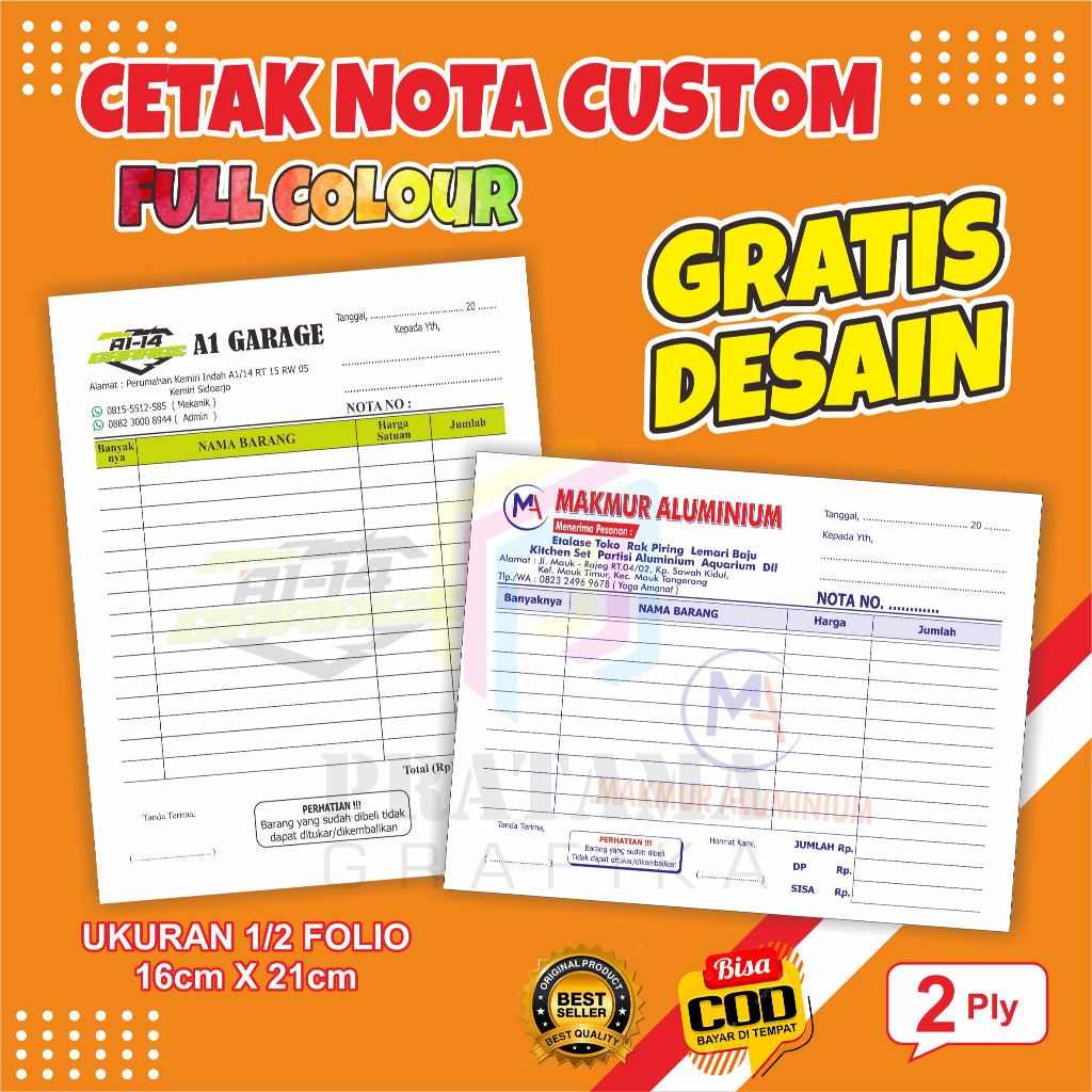 

Cetak Nota Custom 2 Ply 1/2 Gratis Desain Gratis Logo Bebas Nama Sendiri PRATAMA GRAFIKA