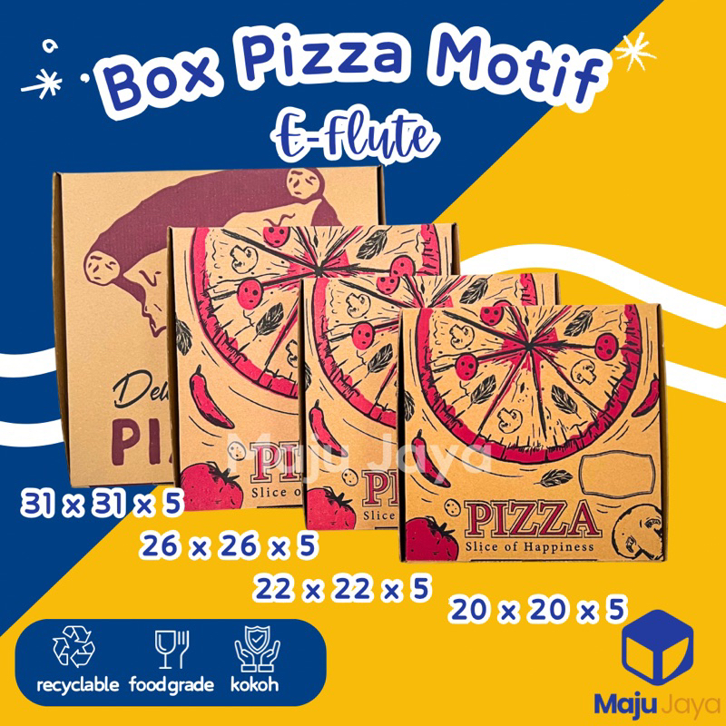 Maju Jaya - Box Pizza Eflute Motif 26x26x5 31x31x5 / Box Pizza Motif Happines Delicious / Dus Pizza 
