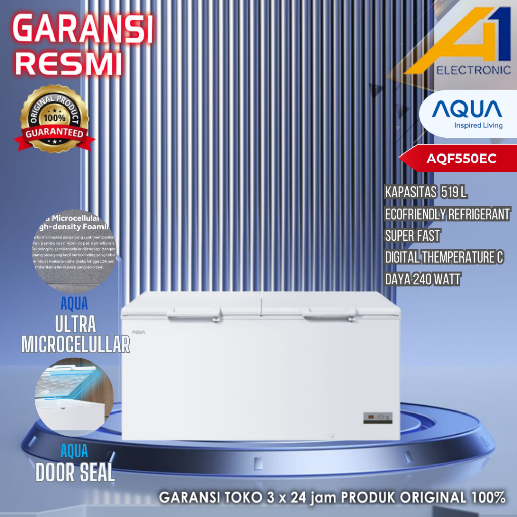 Aqua Chest Freezer AQF550EC / AQF 550EC, Freezer Box 550 Liter Pendinginan Merata - Anti Bakterial