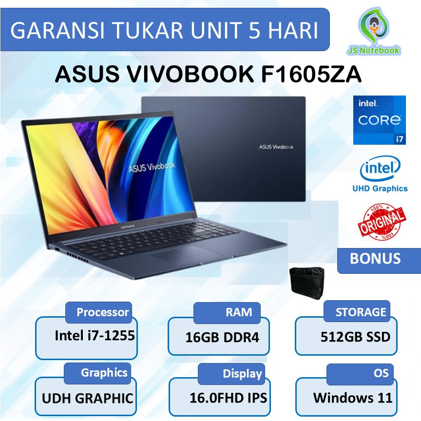 Laptop asus vivobook f1605za i7 1255 ram16gb ssd512gb
