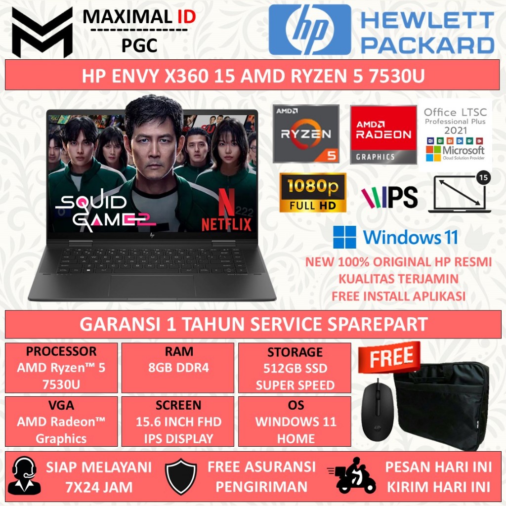 Laptop Hp Envy X360 AMD Ryzen 5 7530U Ram 8GB 512GB SSD FHD IPS BL FP Windows 11 Home