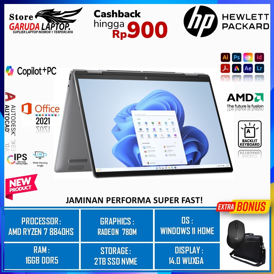 LAPTOP 2IN1 HP ENVY X360 14 AMD RYZEN 7 8840HS RAM 16GB 1TB SSD FHD TOUCHSCREEN WINDOWS 11 HOME ORI