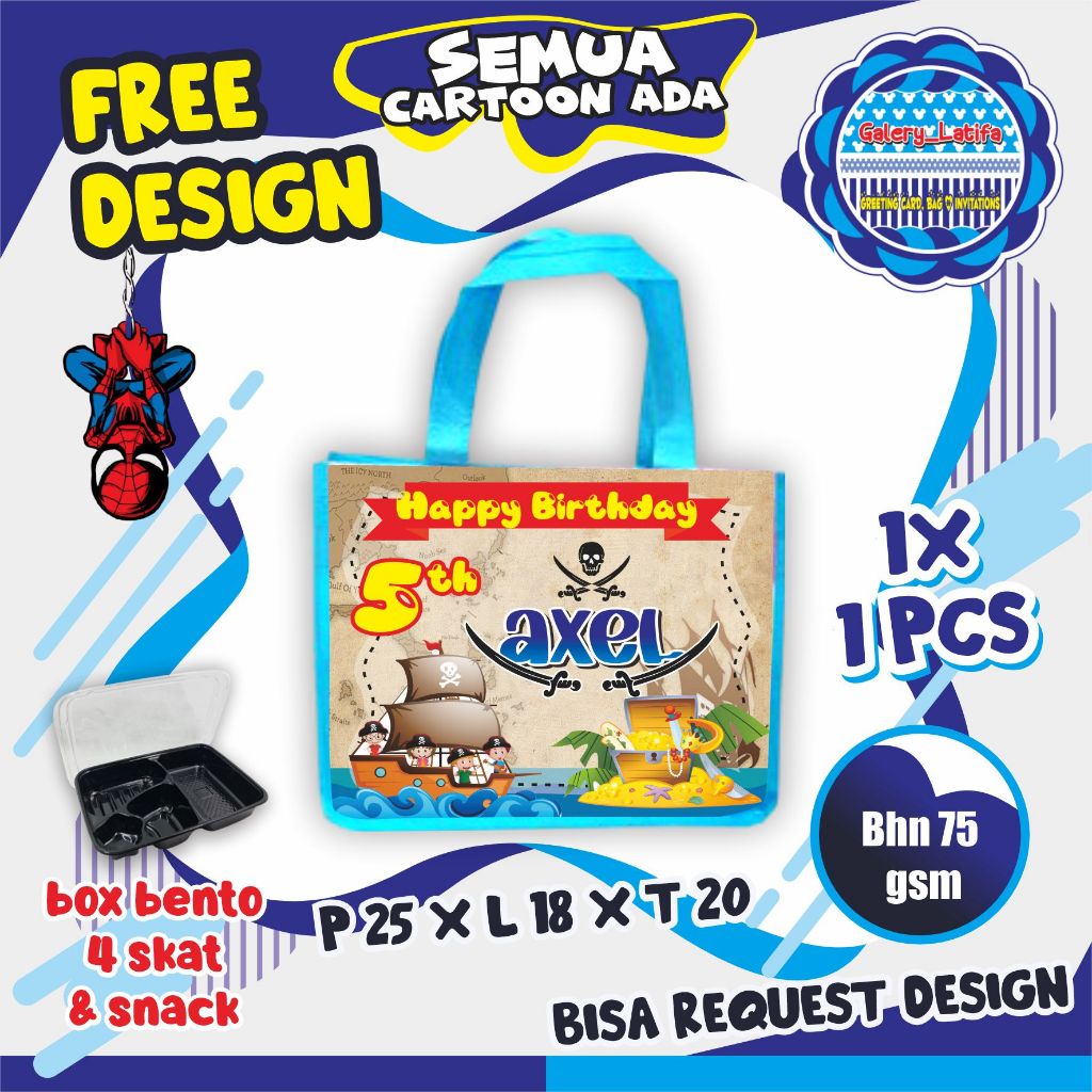 

GOODIE BAG ULANG TAHUN CUSTOM /TAS ULTAH MURAH/ TAS ULTAH LUCU BISA REQUEST FOTO DAN DESAIN SEMUA KARTUN BISA MUAT BOX BENTO