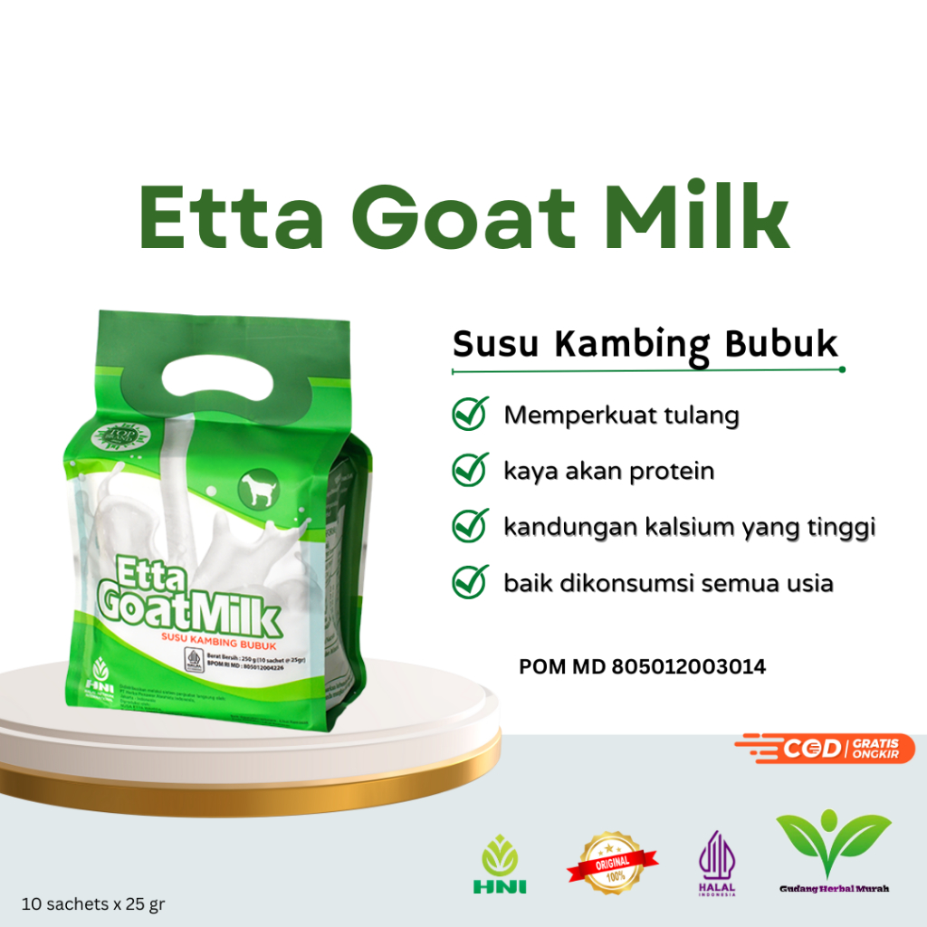 

Etta Goat Milk HNI Susu Kambing Bubuk Etawa Varian Original - Aren - Cokelat 10 sachet