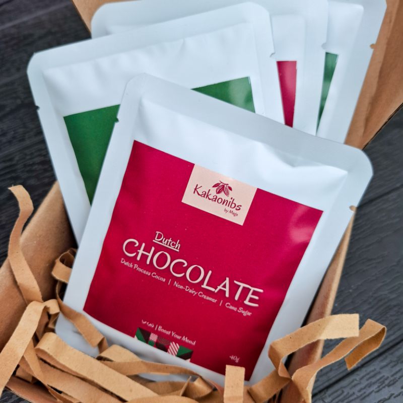 

Kakaonibs by Mage - Dutch Chocolate - Natural Chocolate - Box Isi Mix 2 Dutch Chocolate 40g & 2 Natural Chocolate 40g - Instant Chocolate Drink - Minuman Cokelat Instan