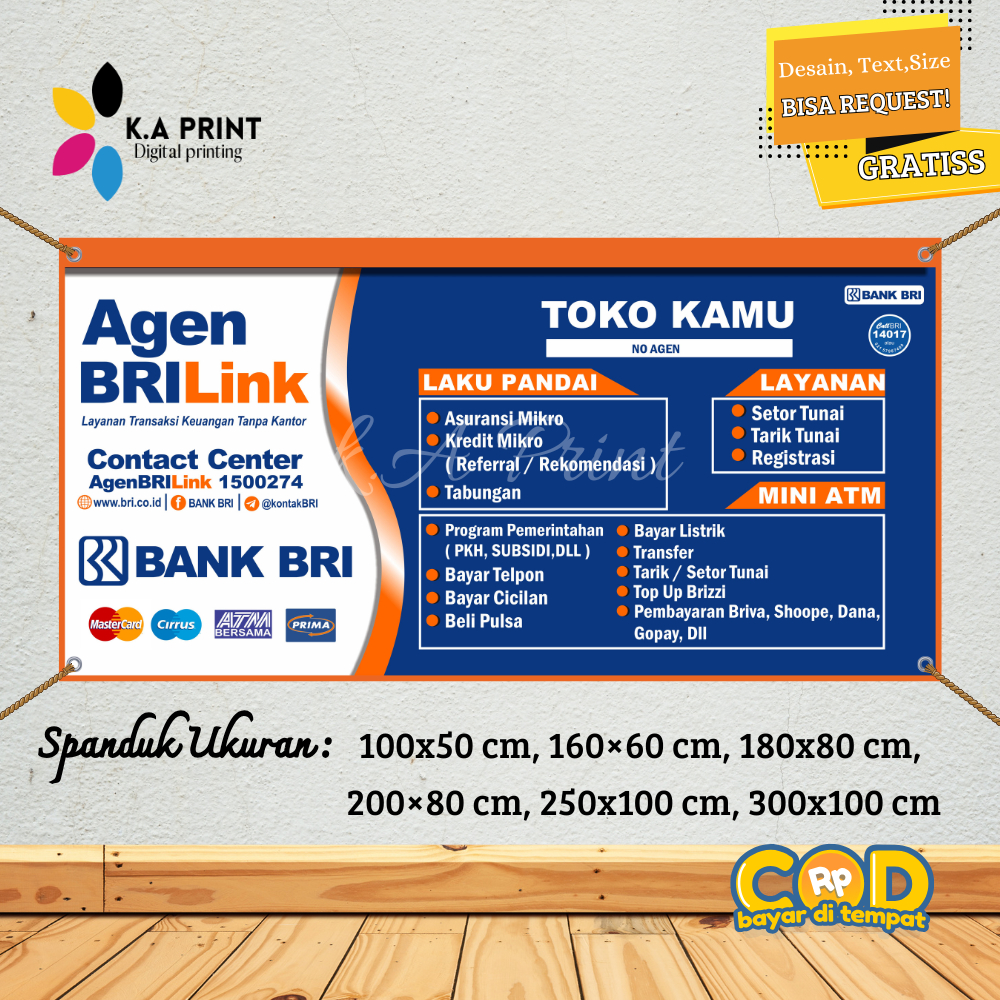 Cetak SPANDUK BANNER Agen BRI Link Mitra Resmi Biru Oranye MMT Spanduk Custom 300x100 [HARGA TERJANG
