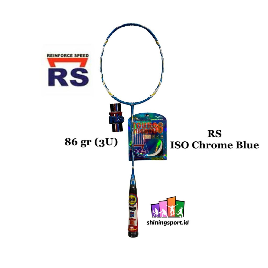 Raket Badminton RS ISO Chrome Blue (+ FREE TAS DOUBLE RESLETING, KAOS, SENAR RS TOUR MICRO 66 + FREE