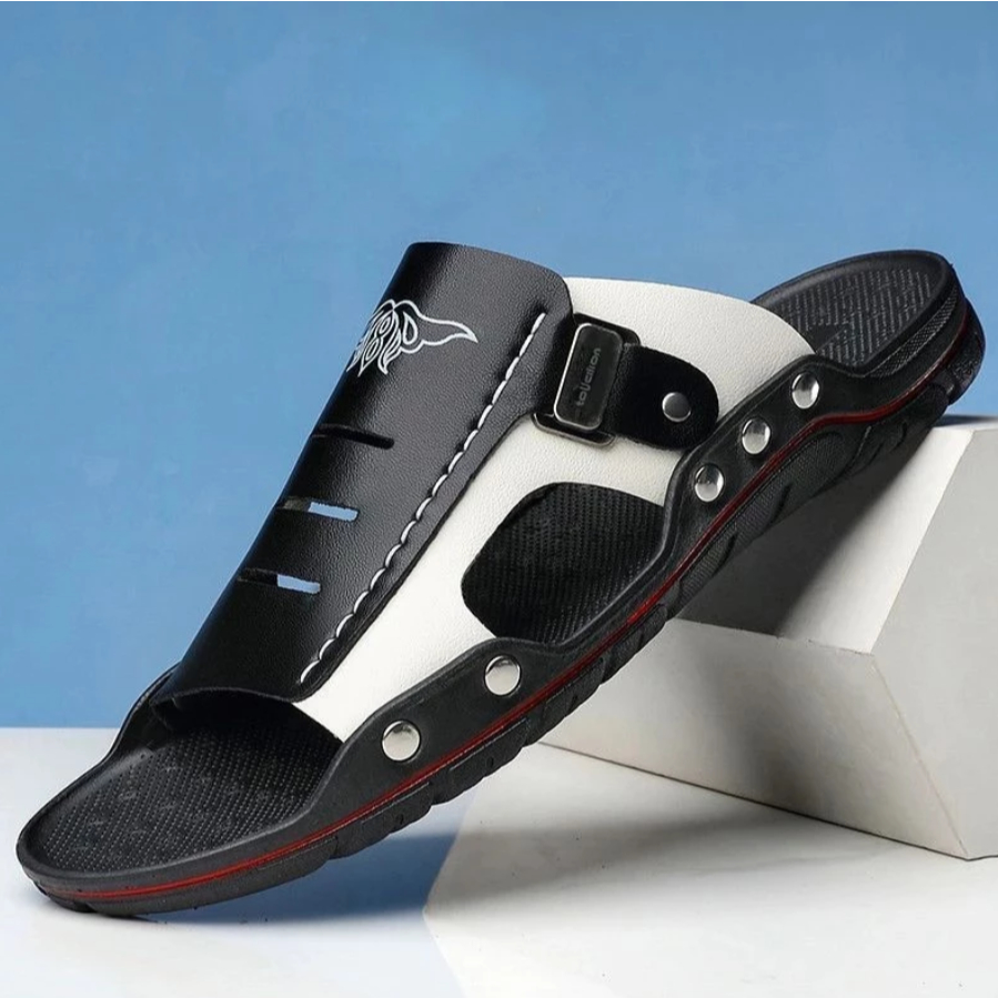 Sandal Slip On Pria Sandal Slop Pria Kulit Sapi Ringan Warna Hitam dan Putih / Kode 456