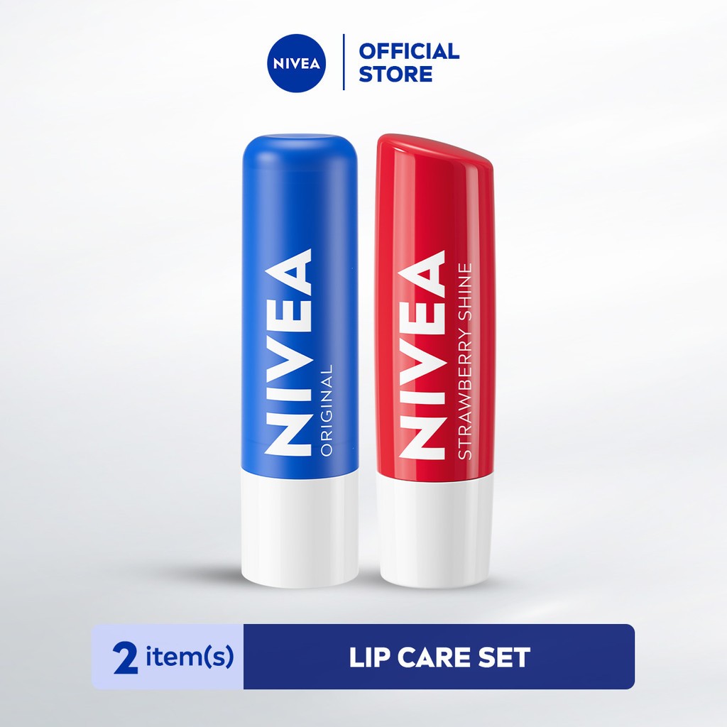 NIVEA Lip Care Lip Balm 4.8gr x2 - Original Essential & Strawberry Shine - Melembabkan, Perawatan in