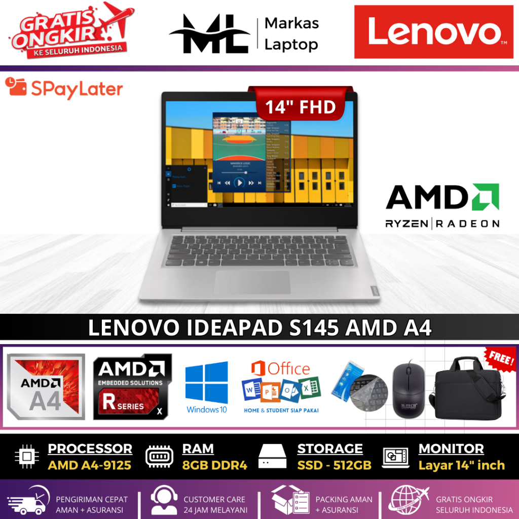 LAPTOP LENOVO IDEAPAD S145 AMD A4-9125 8GB RAM 512GB SSD 14'INCH WIN 10