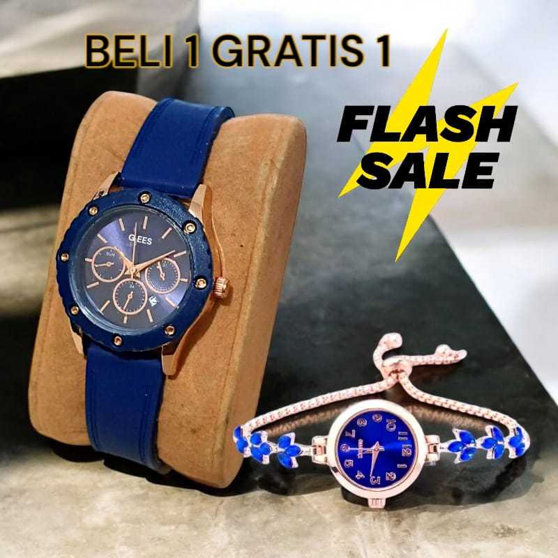 PROMO BELI 1 GRATIS 1 Jam Tangan Wanita Guess Tali Silikon Free Jam Tangan Gelang Serut