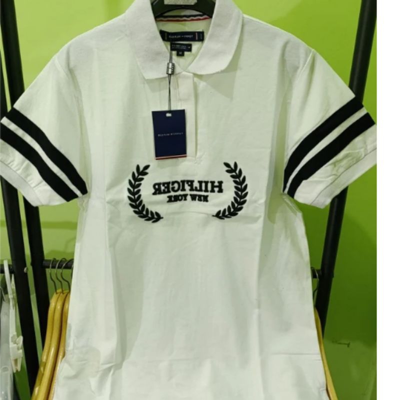 Kaos Kerah warna Putih motif Bordir