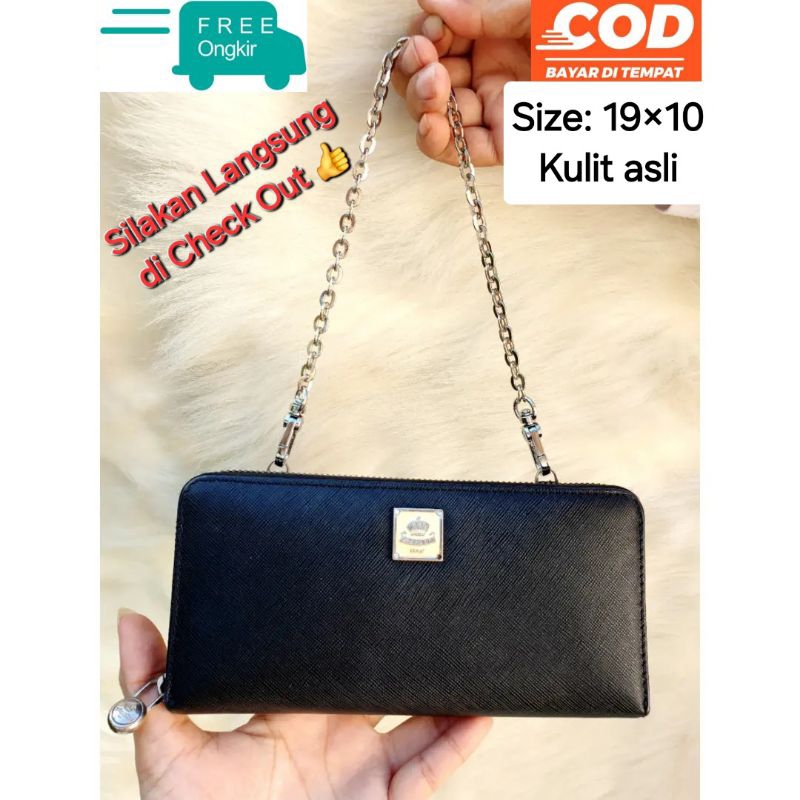 Toscano Dompet Panjang Wanita Tas Sling mini Tali Rantai Banyak Slot Kartu Kulit Asli Hitam