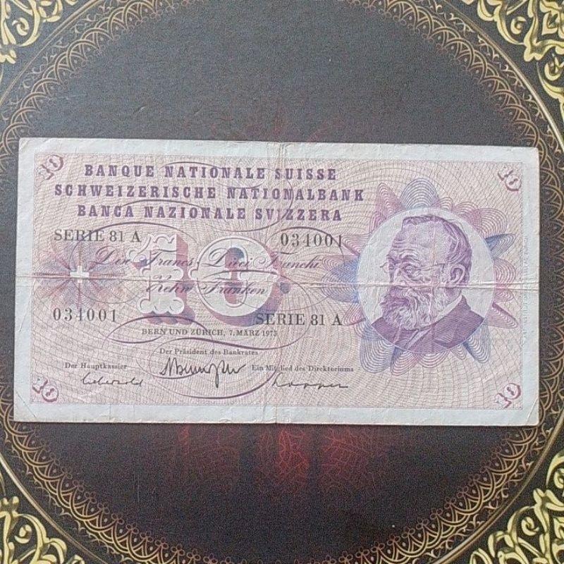 Uang Swiss 10 Franc 1970-an vf