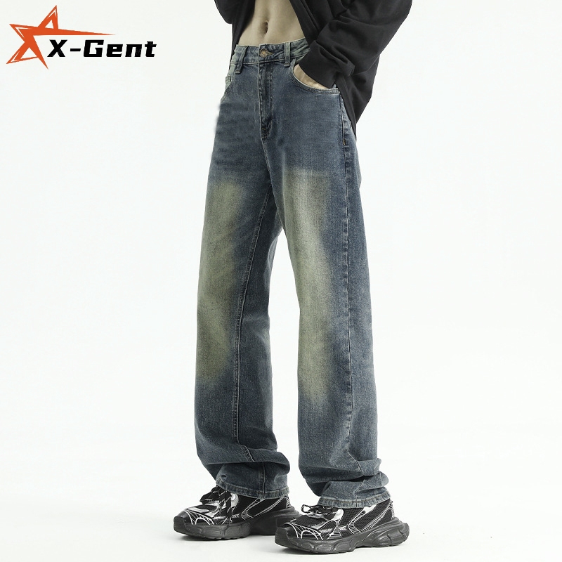 X-Gent celana gombrong jeans biru S-5XL pria kulot jumbo baggy loose straight denim selvedge pants c