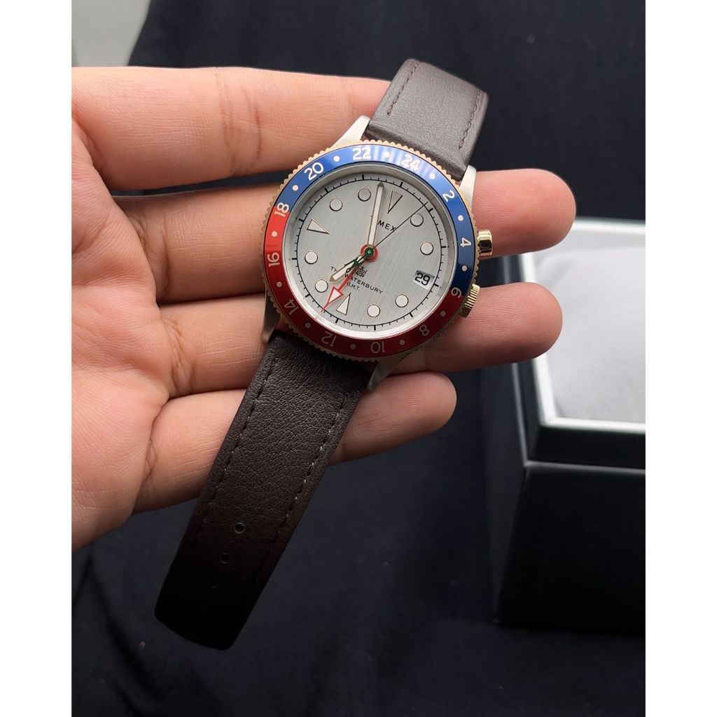 Timex The Waterbury TW2U99100 Traditional GMT Silver Dial Dark Brown Leather Strap
