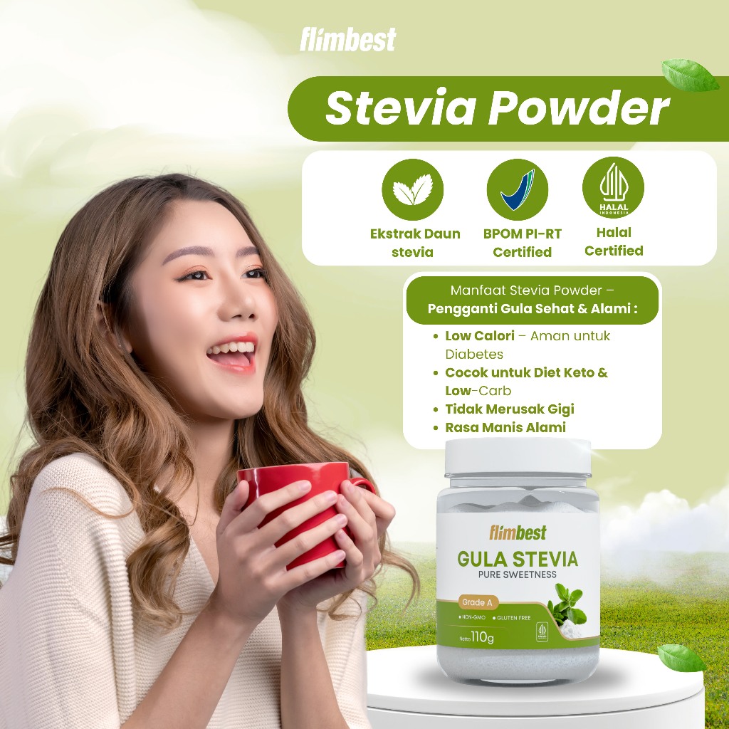 

Flimbest Gula Stevia Bubuk 110gr / Bubuk Daun Stevia Pengganti Gula / Stevia Powder Natural Sweetener ORIGINAL Pemanis Alami - Grade A (Premium Quality) Zero Kalori Bebas Gula 0 Gr Sugar BPOM HALAL Stevia Bubuk