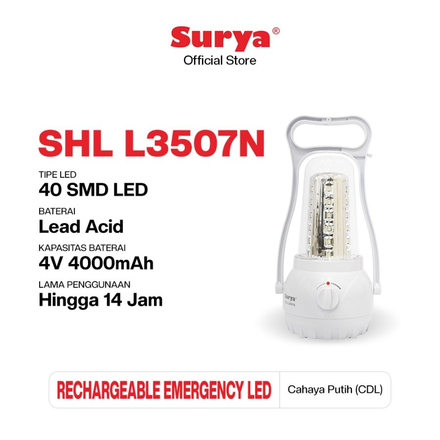 Lampu Senter Emergency LED SURYA SHL L3507N Rechargeable 2 Fungsi Bisa Baterai dan Cas