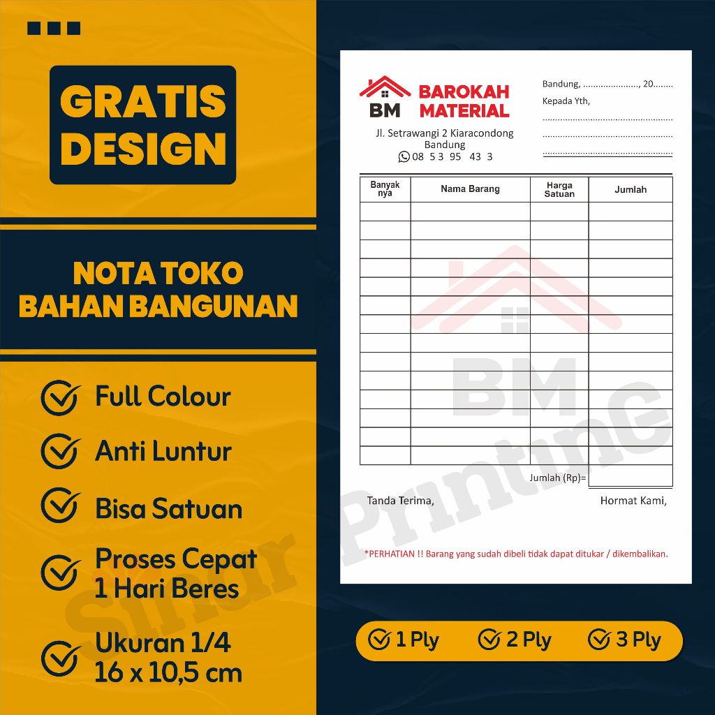 

Cetak Nota Toko Bangunan 1 ply 2 ply 3 ply 1/4 folio satuan isi 100 dan 150