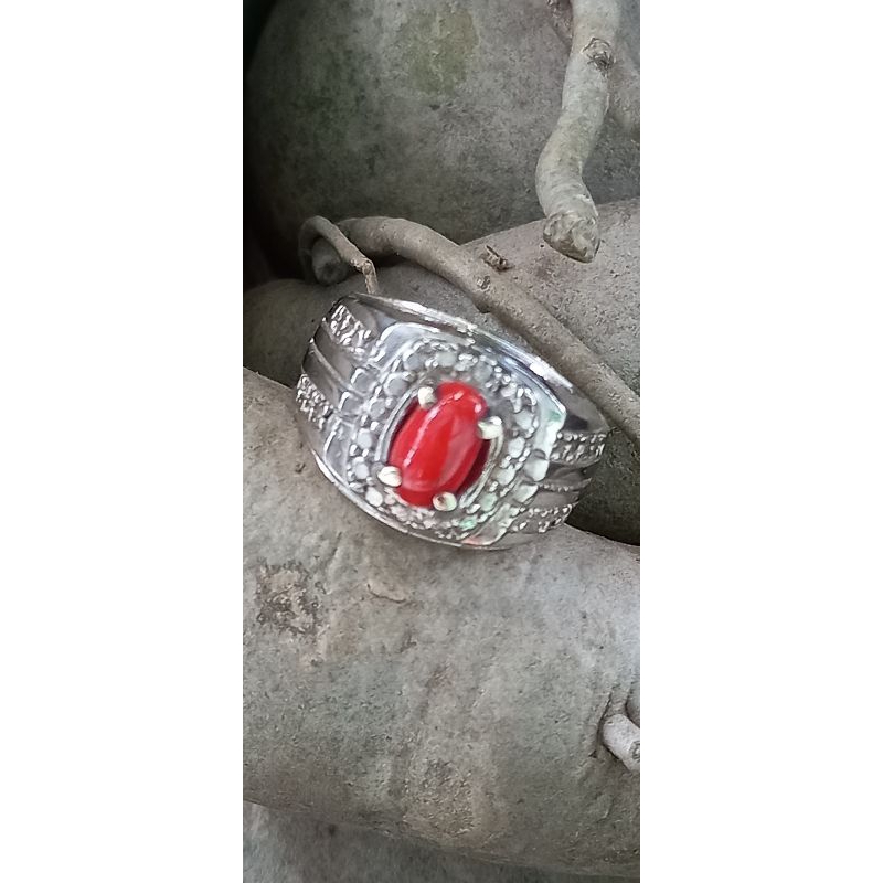 BATU AKIK MARJAN NATURAL LAUT MERAH RING ALPAKA