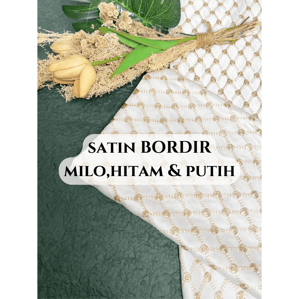 0.5 meter Kain Satin Velvet BORDIR MILO , PUTIH DAN HITAM untuk mukena