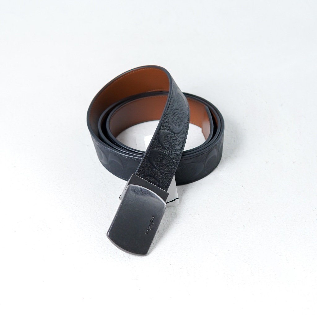 Ikat Pinggang CC BLACK EMBOSSED REVERSIBLE BLACK CAMEL BELT SILVER BUCKLE 100% ORIGINAL