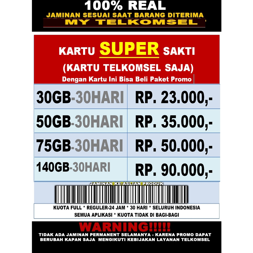COD SATUAN - Kartu Sakti UNLIMITED Combo Kombo Spesial Telkomsel Internet Murah - UNLIMITED  30GB 50