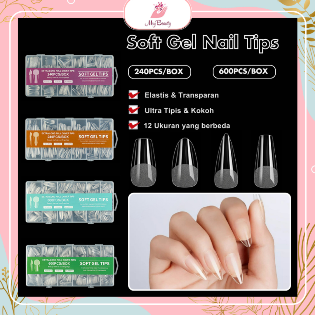 MSY Soft Gel Tips 240pcs/600pcs Nail Extension / Soft Fake Nails Kuku Palsu Gel Soft Tips Extension 