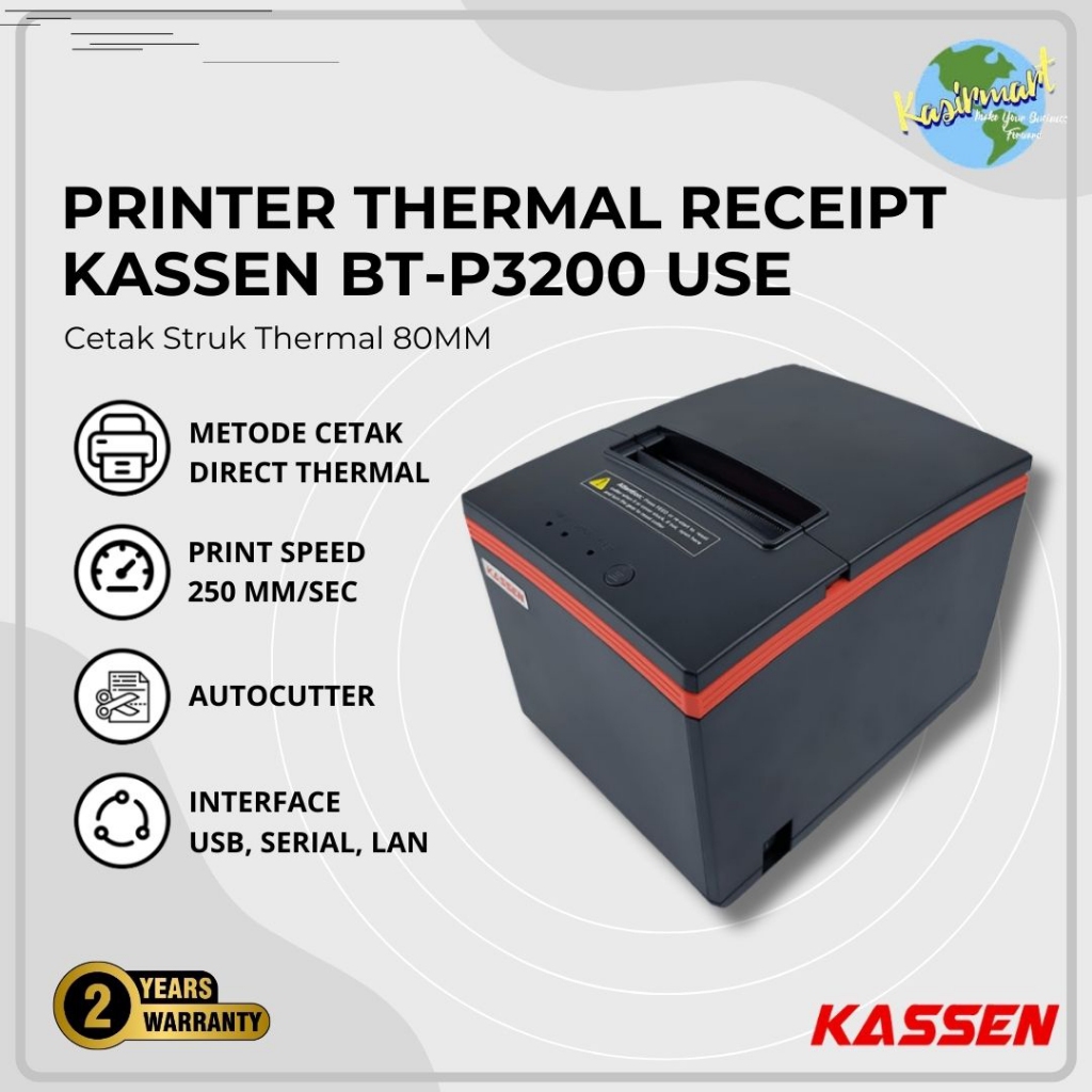 Kassen BTP3200 Printer Bluetooth Thermal 80mm Auto Cut USB Serial Ethernet (USE) LAN BT P3200 Struk