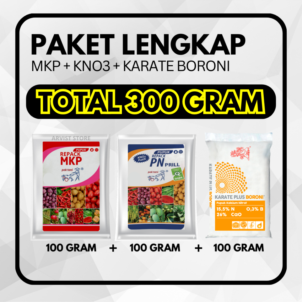 Paket Pupuk MKP + KNO 3 PUTIH + KARATE BORONI + NPK 16/Mutiara Grower Pak Tani Total 200 / 300 Gram