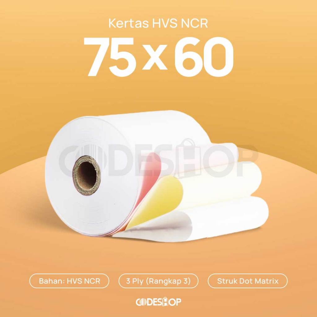 

Kertas Struk Kasir NCR 75x60 mm 3 Ply Codeshop Paper Roll Continuous Printer Dot Matrix 76mm
