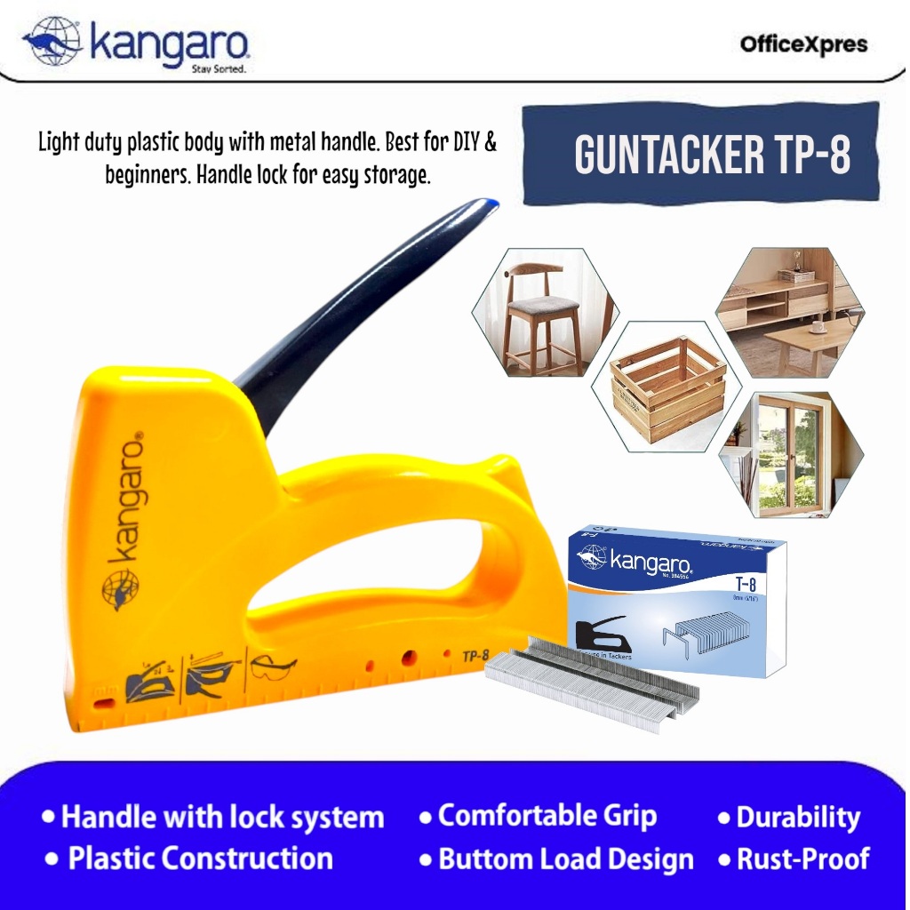 

Alat Stapler Tembak Jok Kulit Motor / Stapler Kayu Plastik / GunTacker Plastik Kangaro TP8 / Cekrekan / Pengokot / Stapler Sofa