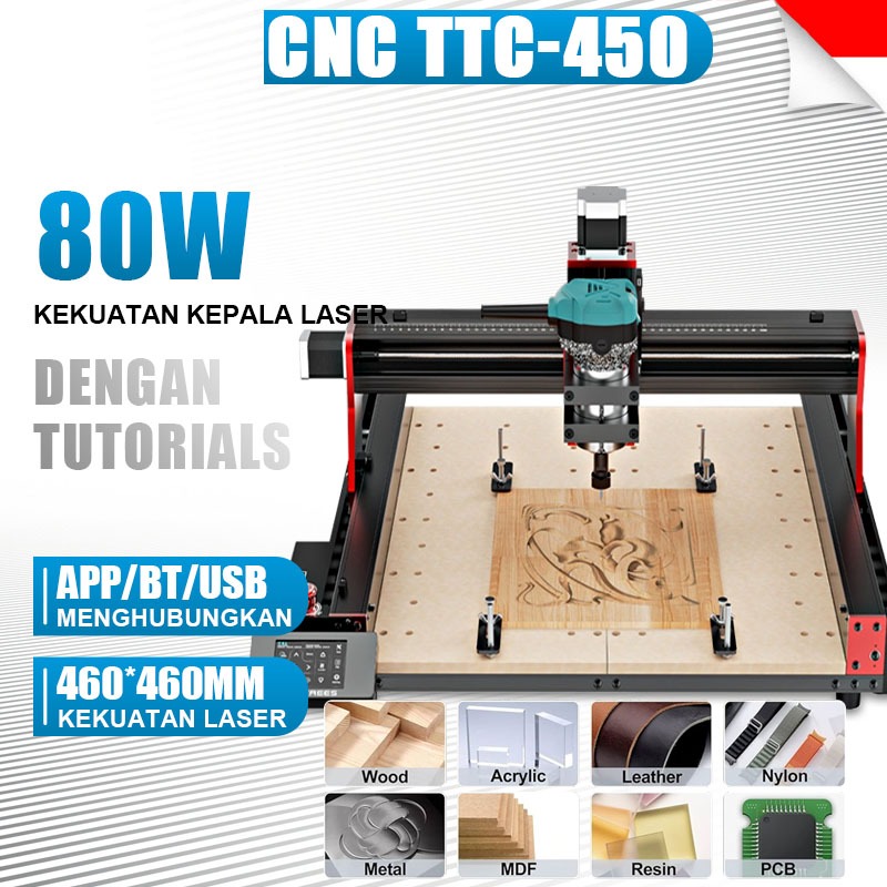 ⭐Two Trees CNC TTC-450⭐ Mesin CNC Besar 460*460*80MM CNC Laser Cutting 80W Laser Grafir Plastik, akr