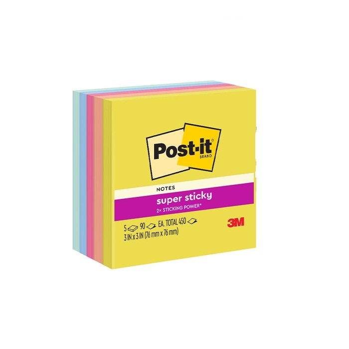 

Post-it Notes Super Sticky 3M 654-5SSAN 76x76mm 5 Warna x 90 Lembar