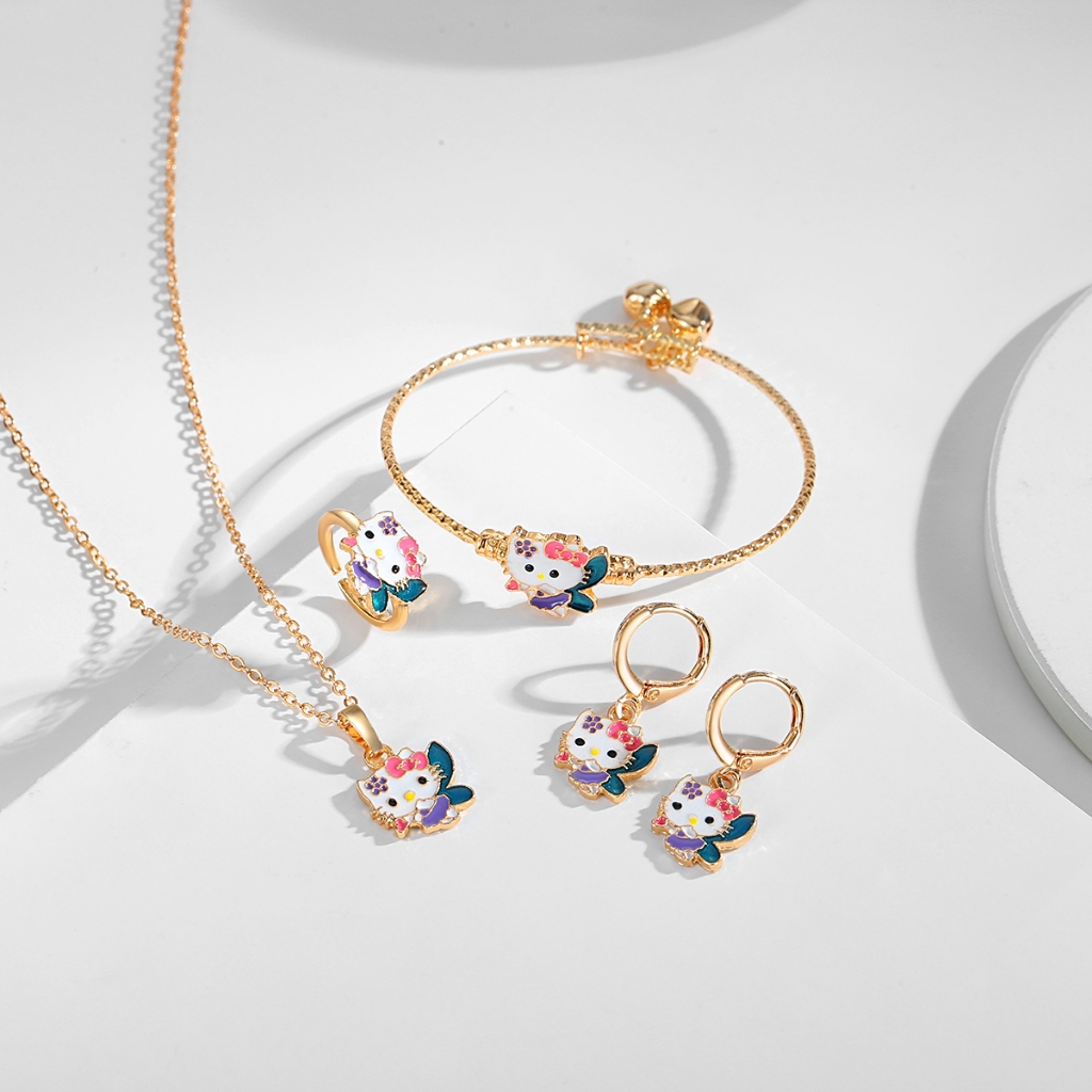 LM780 [COD✔] HelloKitty Kalung Rantai Gelang Lonceng Dapat Disesuaikan Set Anak-anak Anting Sayap Be