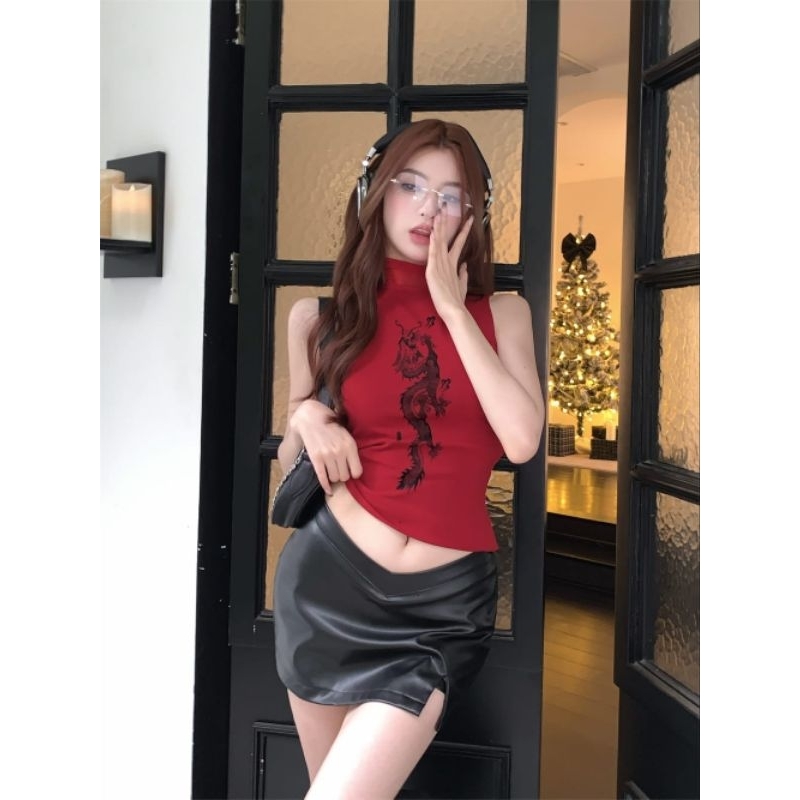 KAOS WANITA KEKINIAN ATASAN CROP TOP MERAH TANPA LENGAN MOTIF NAGA HOT SEKSI TURTLENECK L-014